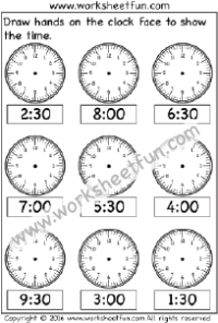 Time – Draw hands on the clock face – 1 Worksheet
