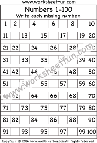 Missing numbers 1 – 100  – Two Worksheets