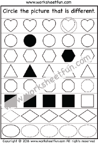 Circle the picture that is different – Heart, Circle, Square, Triangle, Hexagon, Octagon, Oval, Rectangle & Diamond – 1 Worksheet