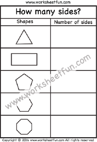 How many sides? - Number of sides -Triangle, Rectangle, Pentagon, Hexagon, Octagon -  One Worksheet