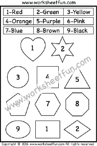 Color by Number – Shapes – Heart, Star, circle, Square, Triangle, Pentagon, Hexagon, Octagon, Oval, rectangle, Diamond – One Worksheet