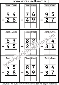 2 Digit Borrow Subtraction – Regrouping – 6 Worksheets