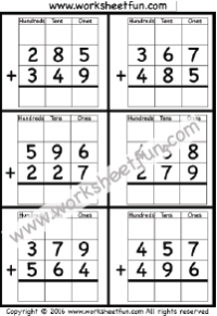3 Digit Addition With Regrouping – Carrying – 5 Worksheets