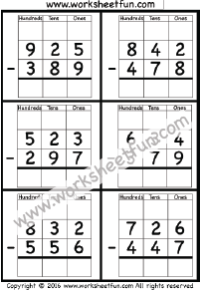 3 Digit Borrow Subtraction – Regrouping – 4 Worksheets