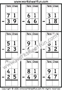 2 Digit Borrow Subtraction – Regrouping – 4 Worksheets
