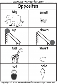 Opposites – One Worksheet – big, small, up, down, tall, short, hot, cold