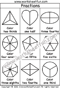 Coloring Fractions – Halves, Thirds, Fourths, Fifths, Sixths, Sevenths, Eights – Two Worksheets