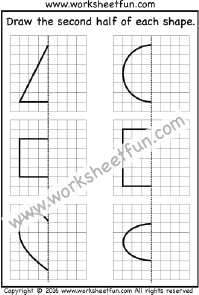 Draw the other half - Triangle, Circle, Rectangle, Square, Heart, Oval - One Worksheet
