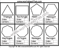 Corners and Sides –  Polygons – Triangle, Rectangle, Pentagon, Hexagon, Heptagon, Octagon, Nonagon, Decagon – One worksheet