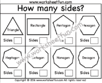 How many sides? – Polygons – Triangle, Rectangle, Pentagon, Hexagon, Heptagon, Octagon, Nonagon, Decagon – One worksheet