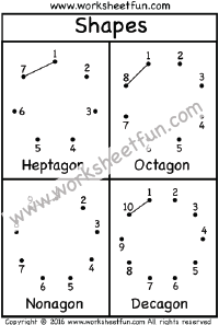 Shapes – Dot to Dot 1- 5 – Polygons – Heptagon, Octagon, Nonagon, Decagon – One worksheet