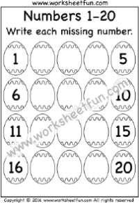 Easter Worksheets – Missing Numbers – 1 – 20 – Three Worksheets