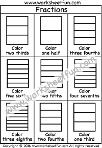 Coloring Fractions – Halves, Thirds, Fourths, Fifths, Sixths, Sevenths, Eights – Two Worksheets