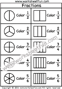 Coloring Fractions – Halves, Thirds, Fourths, Fifths, Sixths, Sevenths, Eights – Three Worksheets