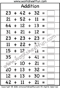 Adding three 2 digit numbers – No regrouping – One Worksheet