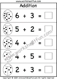 Picture Addition – Beginner Addition – Ladybug Addition -1 Kindergarten Addition Worksheet