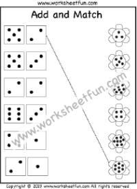 Kindergarten Addition Worksheets – Dice Addition – Add and Match