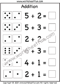 Picture Addition – Beginner Addition – Dice Addition – 1 Kindergarten Addition Worksheet