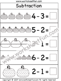 Pumpkin Themed Worksheet – Beginner Subtraction – Kindergarten Subtraction Worksheet – 1 Worksheet