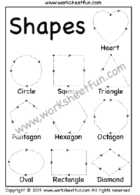 Preschool Shapes Tracing – Heart, Circle, Square, Triangle, Pentagon, Hexagon, Octagon, Oval, Rectangle and Diamond- 1 Worksheet