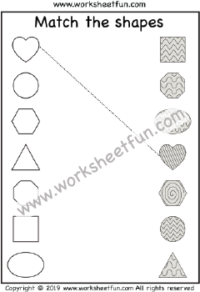 Match the shapes – Heart, Circle, Square, Triangle, Hexagon, Octagon, Oval, Rectangle and Diamond – One Worksheet