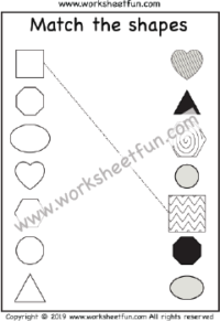 Match the shapes – Heart, Circle, Square, Triangle, Hexagon, Octagon, Oval- One Worksheet