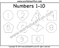 Number Tracing – 1-10 – Shapes – Heart, Circle, Square, Triangle, Pentagon, Hexagon, Octagon, Oval, Rectangle, and Diamond – One Worksheet