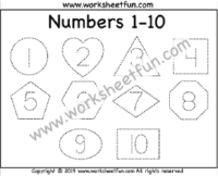 Number & Shapes Tracing – 1-10 – Heart, Circle, Square, Triangle, Pentagon, Hexagon, Octagon, Oval, Rectangle, and Diamond – One Worksheet
