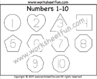 Number Tracing – 1-10 – Shapes – Circle, Heart, Triangle, Rectangle, Pentagon, Hexagon, Heptagon, Octagon, Nonagon, Decagon  – One Worksheet