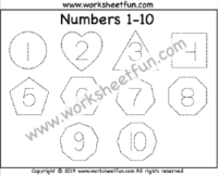 Number & Shapes Tracing – 1-10 – Shapes – Circle, Heart, Triangle, Rectangle, Pentagon, Hexagon, Heptagon, Octagon, Nonagon, Decagon  – One Worksheet