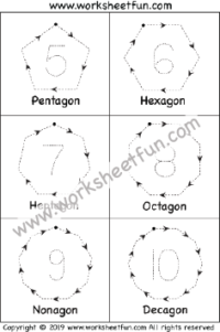 Shapes and Number Tracing – Pentagon, Hexagon, Heptagon, Octagon, Nonagon, Decagon – 1 Worksheet