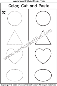 Cut and Paste Shapes – Circle, Heart, Triangle and Oval – One Worksheet
