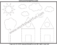 Picture Tracing – Sun, Cloud, House, Tree – Sunny, Cloudy – One Worksheet