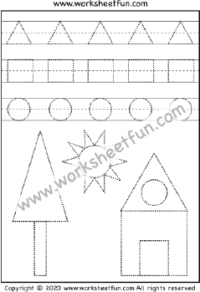 Shape Tracing – Circle, Triangle, and Rectangle – Tree, Sun, House – One Worksheet