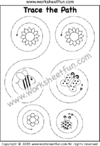 Spiral Tracing  – Flower, Bee, Butterfly and Ladybug – 1 Worksheet