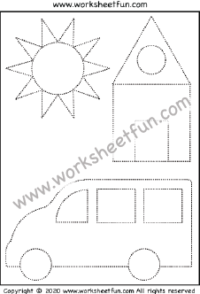 Picture Tracing – Sun, House, Van – Triangle, Circle and Rectangle – One Worksheet