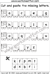 Lowercase Letters – Cut and Paste the Missing Letters – 3 Worksheets