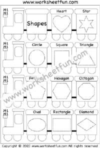 Shape Train – Shape Tracing – Heart, Star, Circle, Square, Triangle, Pentagon, Hexagon, Octagon, Oval, Rectangle, and Diamond – One Worksheet