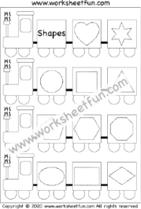 Shape Train – Shape Tracing – Heart, Star, Circle, Square, Triangle, Pentagon, Hexagon, Octagon, Oval, Rectangle, and Diamond – One Worksheet