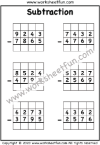 4 Digit Subtraction With Regrouping – Borrowing – Five Worksheets