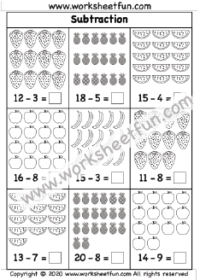Subtraction up to 20 with pictures – Three Worksheets