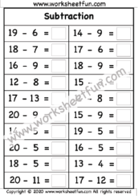 Subtraction up to 20 – Subtract within 20 – One Worksheet