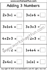 Adding 3 Numbers – Sums Up to 10 – One Worksheet