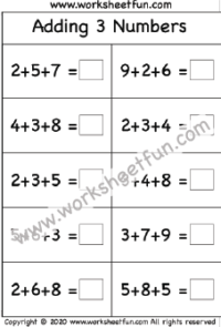 Adding 3 Numbers – Sums up to 20 – One Worksheet