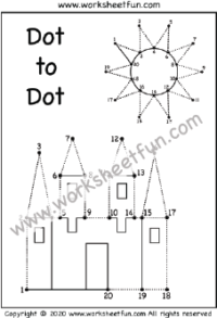 Dot to Dot – Tracing  – Numbers 1-20 – Sun and Castle – One Worksheet