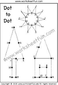 Dot to Dot – Tracing  – Numbers 1-20 – Tree, House and Star – One Worksheet