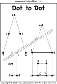 Dot to Dot – Numbers 1-10 – Tree & House Tracing – One Worksheet